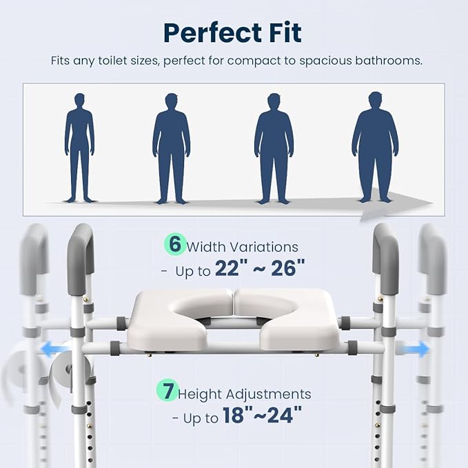 Raised Toilet Seat with Handles - Width & Height Adjustable Toilet Seat Riser for Seniors, Handicap and Disabled, 400lbs Soft Toilet Riser with Handles for Elderly, Pregnant, Fit Any Toilets