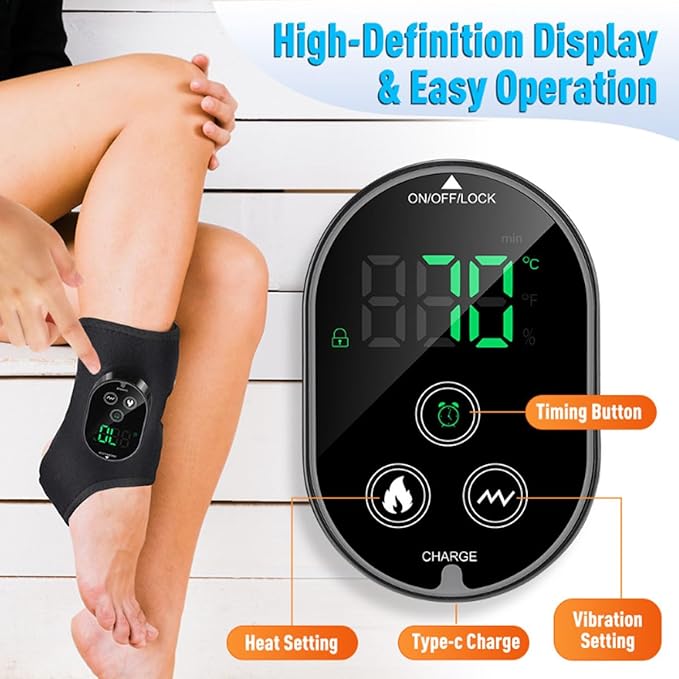 Ankle Massager,3-in-1 Wearable Hot & Vibration Massager for Feet, Ankles, and Arms | Reusable Heating Pad Brace for Home Recovery (Black)