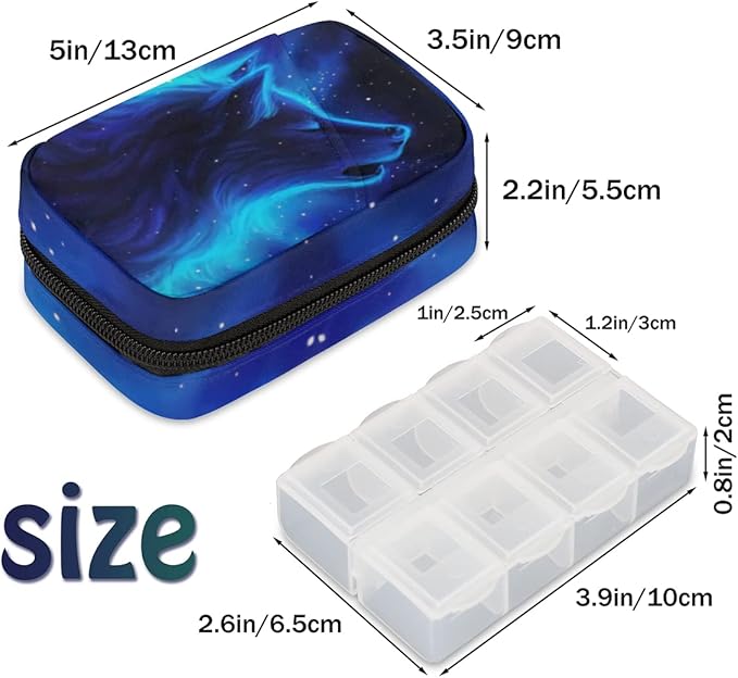 Pill Case Pill Travel Organizer 7 Day Weekly Medicine Pill Box Blue Galaxy Wolf Small Cute Compact Size Vitamin Container Pill Bottle Portable Birth Control Pill Holder Bag with Zipper
