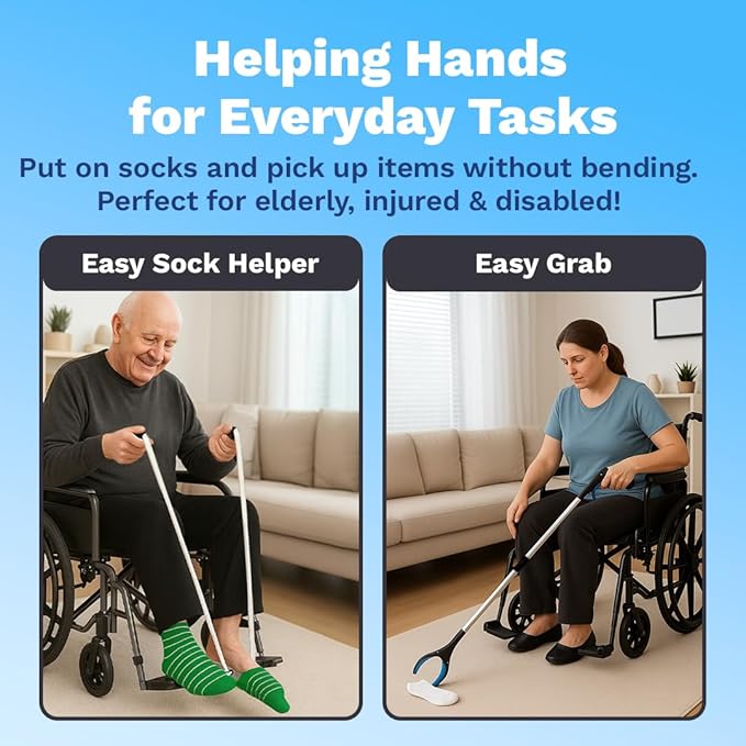 FSA/HSA Sock Aids for Putting On Socks with Gripper Reacher Grabber Tool – Sock Helpers to Put On Your Socks for Seniors with Long Grabber Reacher Tool – Ideal for Elderly, Mobility Impairment