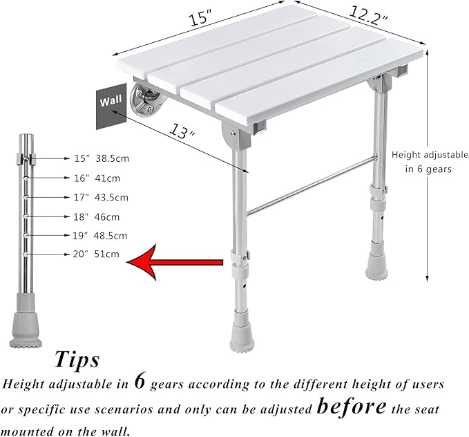 Folding Shower Seat Wall Mounted with Legs, Foldable Shower Chair for Inside Shower, Fold Down Shower Bench for Seniors (White, Height Adjustable)