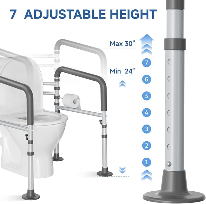Loyoda Steel Toilet Safety Rail for Seniors- Heavy-Duty 11.7lbs for Stability & Support, Adjustable and Foldable Toilet handrail for Elderly and Disabled （Gray）