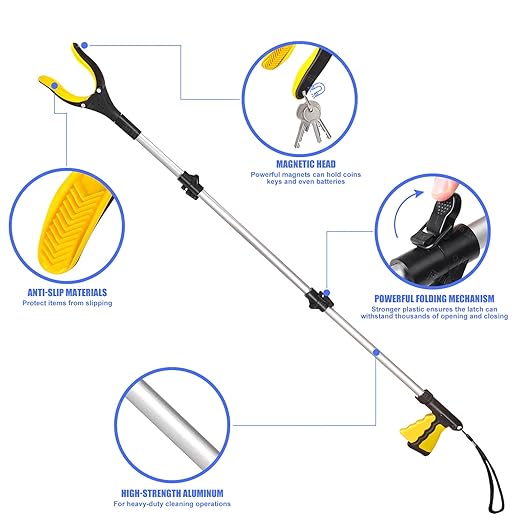 EJG 43 Inch Extra Long Reacher Grabber Tool for Elderly and Disabled, Heavy Duty Pickup Aid with Folding Design, Rotating Jaw & Magnet Tip, Wide 4" Claw Trash Picker