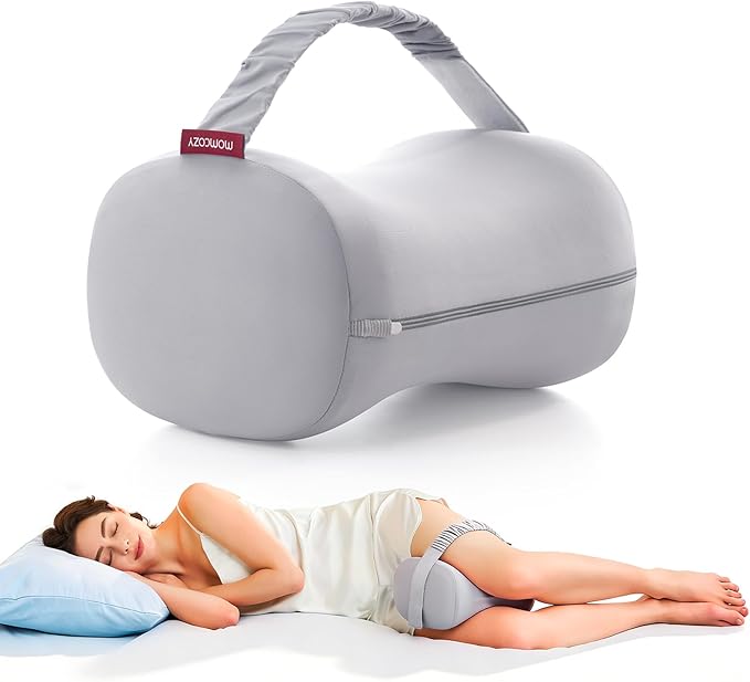 Momcozy Knee Pillow for Side Sleepers, Soft Memory Foam & Pinch-Free Design, Relieve Knee, Leg and Sciatica Pain, Adjustable Elastic Strap Ideal for Pregnant Women and Seniors, Cooling Cover, Gray