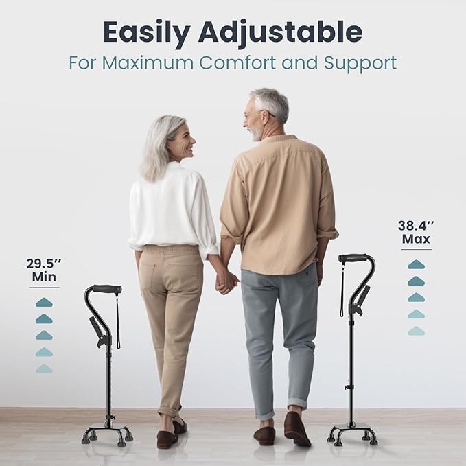 PELEGON Quad Cane (300LB) - Adjustable Walking Cane with A Large 4 Pronged Base for Extra Balance & Stability, Walking Canes for Seniors, Walking Cane for Men & Women, Walking Sticks