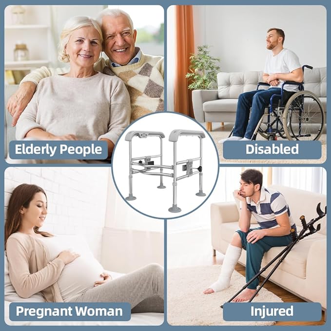 Toilet Safety Rail for Seniors with Sensor Light - Heavy Duty 300 Lbs, Universal Fit, Non-Slip Standing Aid, Included Storage Bag (Blue-Grey)