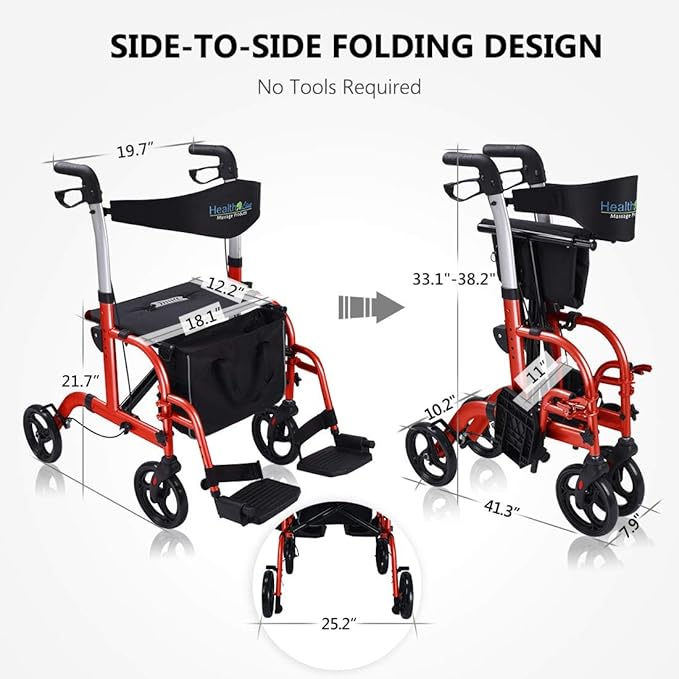 Health Line Massage Products 2 in 1 Rollator-Transport Chair w/Paded Seatrest, Reversible Backrest and Detachable Footrests, Cherry Red