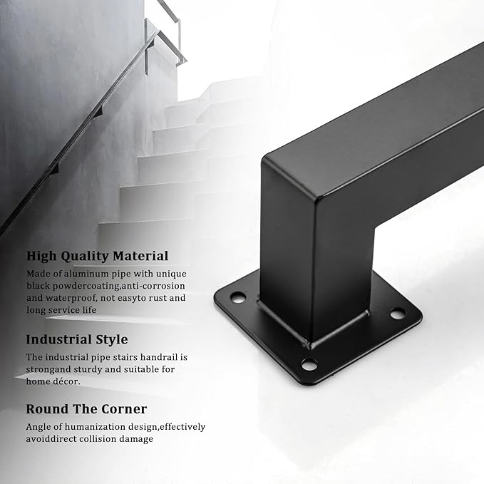 Stair Railing Metal Hand Rails for Indoor Stairs Wall Mount Staircase Handrails 1.25" Pipe Stair Handrail for Steps Black Iron Stairway Railing for Outdoor & Indoor Stairs -48inch