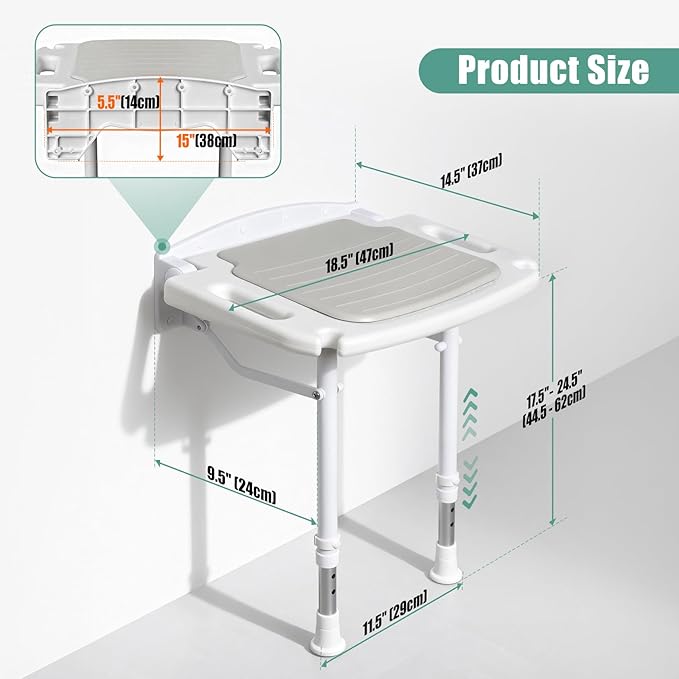 Wall Mounted Shower Seat with Arms, 2mm Thick Aluminum Frame Supports 550lbs, Folding Shower Chair with Memory Foam Cushion, 8 Adjustable Heights, Fold Down Bathroom Bench for Seniors & Disabled