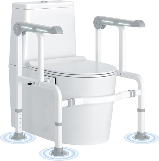 Toilet Safety Rails for Elderly & Disabled with Glow-in-the-Dark Handles, 450 lbs Heavy-Duty Frame, Flip-Up Arms, Dual Lock (Suction & Clamp), Adjustable No-Wobble Support, Grey