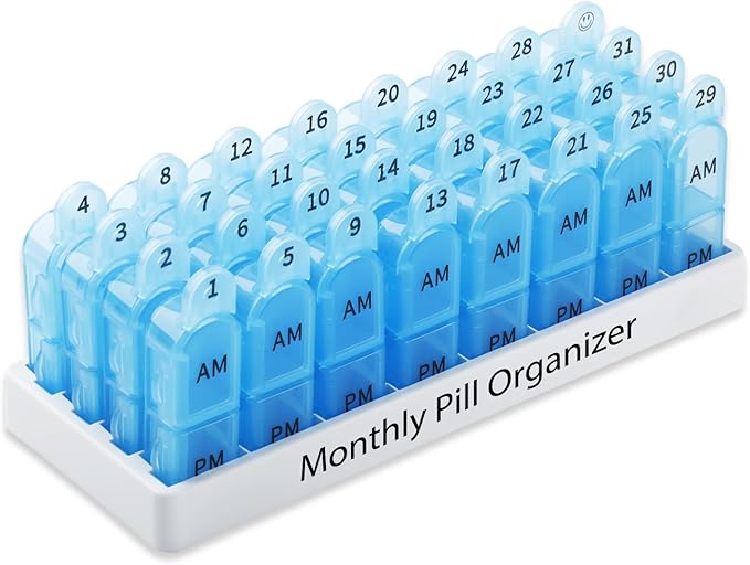 Daviky Monthly Pill Organizer 2 Times a Day, 30 Day Pill Box AM PM with Separate Container, One Month Medicine Case Twice a Day to Hold Vitamins, Supplements and Medication (Blue)