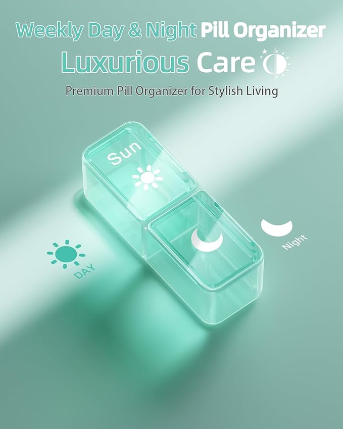 AM PM Pill Organizer 2 Times A Day, 7 Day Pill Box Weekly Pill Organizer Travel with Separate Container, Portable Daily Medicine Planner Dispenser Case for Vitamin, Fish Oils, Supplements（Green）
