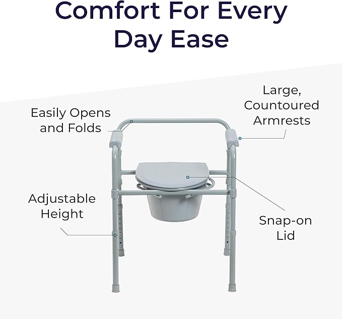 Drive Medical Folding Steel Bedside Commode Chair - Portable 3-in-1 Toilet Solution - Adjustable Height - 7.5 Qt Bucket Included - Durable Powder-Coated Steel Frame - Supports up to 350 Lb