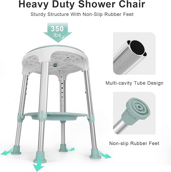Swivel Shower Stool 350lbs, Tool-Free Assembly Adjustable Shower Seat Bathroom Stool with Storage Tray & Anti-Slip Rubber Tips for Safety and Stability