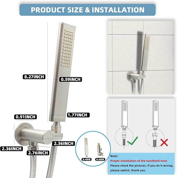Solid Brass Handheld Shower Head Arc Design High Pressure Brushed Nickel Hand Shower Wand with Adjustable Supply Elbow Wall Connector Shower Holder and 59″ Stainless Steel Hose Set