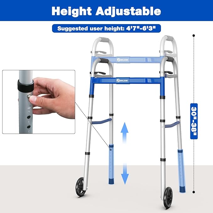 Whlicks Narrow Folding Walkers for Seniors,Aluminum Lightweight Walkers with Wheels, Adjustable Width and Height Front Wheel Walker for Elderly and Disabled, Supports up to 350 lbs