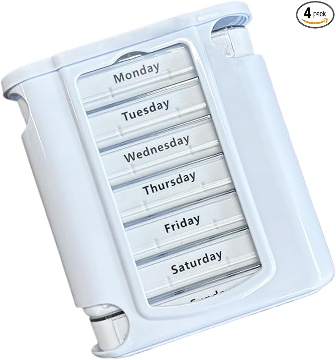 Weekly Stackable Pill Organizer, 4 Times A Day Pill Organizer Box Morning, Noon, Evening, and Bedtime,7 Stackable Compartments，White