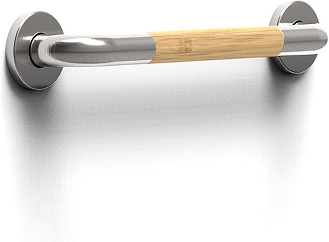 Safety Grab Bar for Bathroom & Toilet, Natural Bamboo Handle, ADA Compliant Balance Assist Handrail for Handicap and Seniors, 16in Brushed Nickel