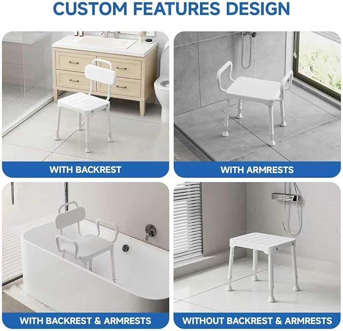 Shower Chair for Bathtub, Adjustable Height 15.7"–21.2" Bath Stool with Removable Backrest and Arms, Rust-Resistant Aluminum Frame, Non-Slip Rubber Feet, Supports 350 lbs， Neutral Gray