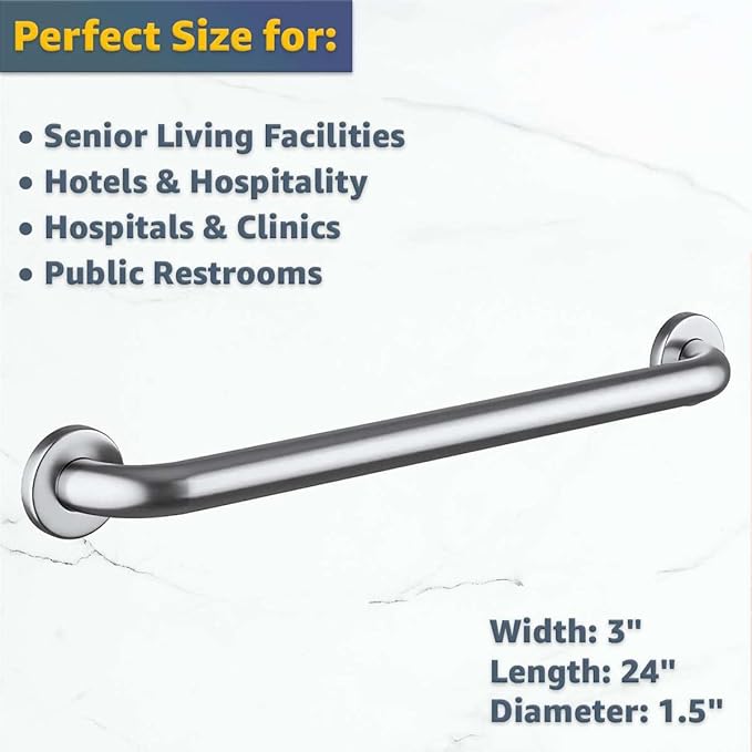 24″ Stainless Steel Grab Bar for Bathroom - Heavy-Duty Wall Mounted Safety Rail for Elderly, 250 lb Capacity Handrail for Toilet, Shower, Restroom, Commercial & Home Use