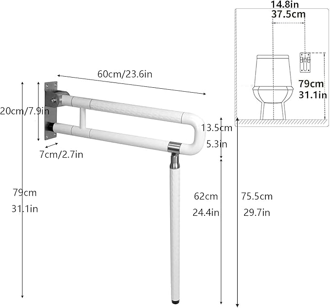 Nisorpa 29.7 INCH Foldable Toilet Grab Bar Flip Up Arm Grab Bars Handrails Grab Bars for Bathroom Toilet Anti Slip Safety Rails for Elderly Pregnant Women Disabled Handicap