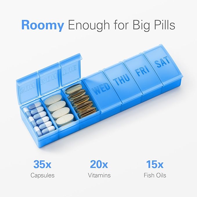 Barhon Large Weekly Pill Organizer, Big Vitamin Organizer Case for 7 Day, Travel Medicine Pill Box to Hold Various Supplements and Fish Oil, Light Blue