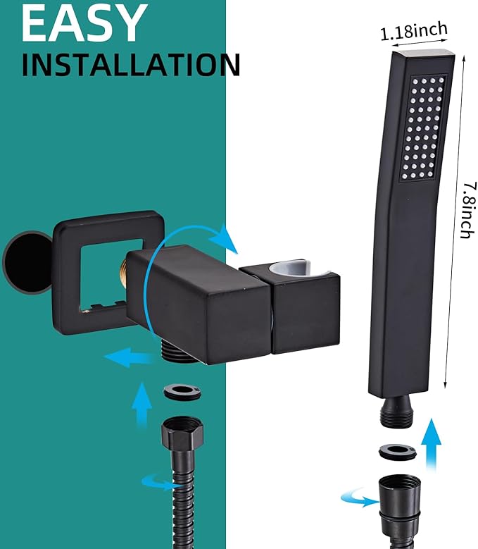 Bathroom Square Matte Black Solid Brass Hand Held Shower Head With Wall Connector and Hose System Wall Mount Handheld Showerheads Set