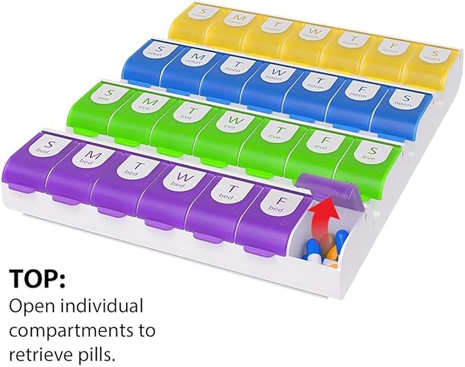 EZY DOSE Weekly (7-Day) Pill Case, Medicine Planner, Vitamin Organizer Box, 4 Times a Day, Large Compartments, Easy Fill All Compartments at Once Organizer, Multi-Colored, BPA Free