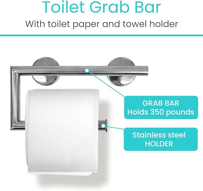 Vive Grab Bar with Toilet Paper Holder (350lbs) - Handrail Bar Combo for Bathroom Wall - Safety Support for Elderly, Seniors & Disabled - Handicap Assist for Restroom Walls & Getting up from Toilets