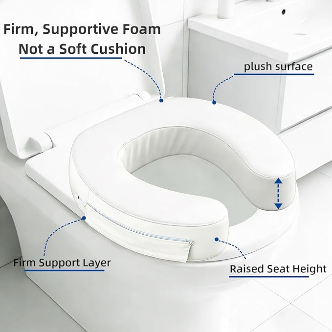 3" Raised Toilet Seat Cushion, Firm High-Density Foam Toilet Seat Riser, Waterproof Cover, Secure Hook & Loop, Easy-Clean Support, Fits Standard & Elongated Toilets