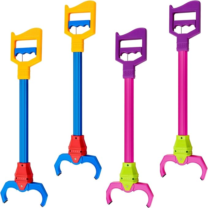 Lewtemi 4 Pcs Interactive Grabber Claw Robot Arm Pack Reacher Pickup Tool and Hand Eye Coordination Play, 18 Inch (Red,Blue)