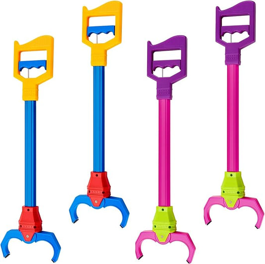 Lewtemi 4 Pcs Interactive Grabber Claw Robot Arm Pack Reacher Pickup Tool and Hand Eye Coordination Play, 18 Inch (Red,Blue)