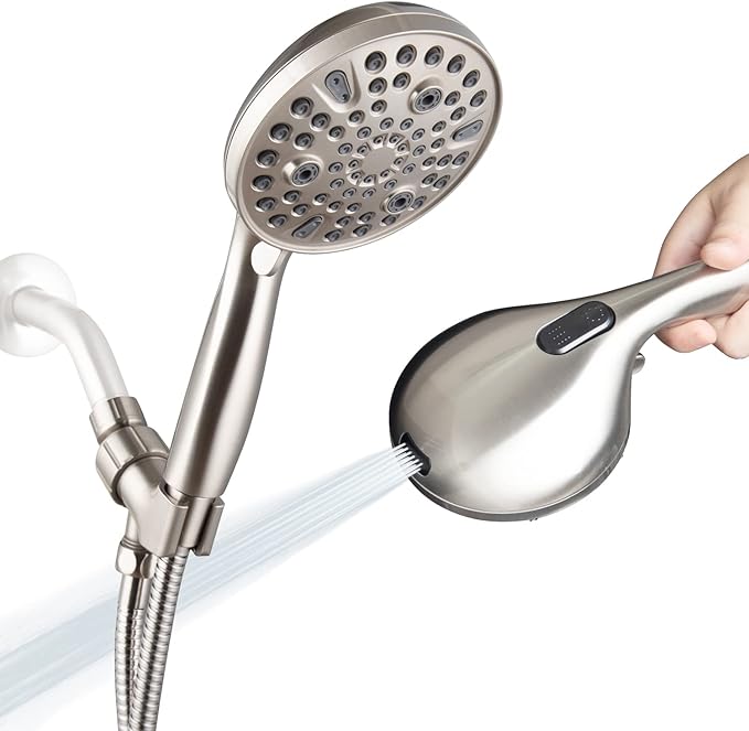 High Pressure Handheld Shower Head, 10-Setting Showerhead, 4.7”Detachable Showerhead Set with 5ft Hose, Adjustable Bracket and Built-in Power Wash to Clean Tub, Tile & Pets - Brush Nickel