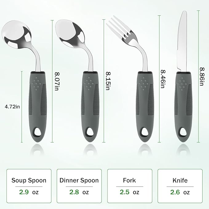 KintKita Adaptive Utensils for Elderly 4 Piece, 2.9 oz Weighted Silverware for Hand Tremors, 45°Angled Parkinsons Utensils for Elderly, Arthritis, Weak Hand Grip, Right-Handed Use