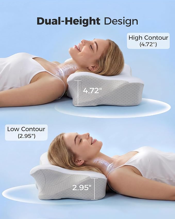 Ergonomic Cervical Memory Foam Pillow with Wide Arm Support Area, Cooling Breathable Removable Pillowcase, for Side, Back and Stomach Sleepers, for Better Neck Comfort