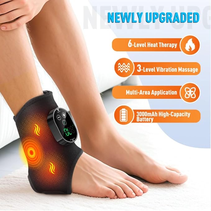 Ankle Massager,3-in-1 Wearable Hot & Vibration Massager for Feet, Ankles, and Arms | Reusable Heating Pad Brace for Home Recovery (Black)