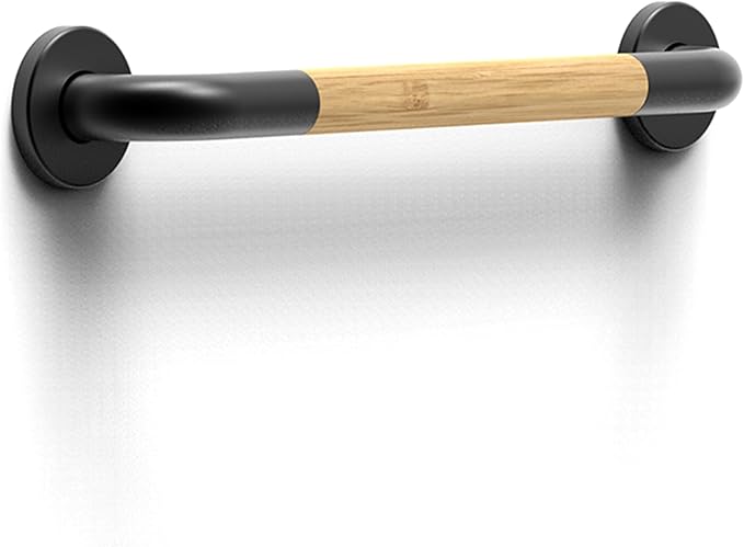 Safety Grab Bar for Bathroom & Toilet, Natural Bamboo Handle, ADA Compliant Balance Assist Handrail for Handicap and Seniors, 18in Matte Black