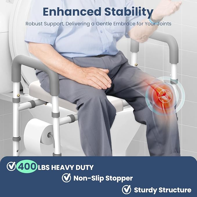 Raised Toilet Seat with Handles - Width & Height Adjustable Toilet Seat Riser for Seniors, Handicap and Disabled, 400lbs Soft Toilet Riser with Handles for Elderly, Pregnant, Fit Any Toilets