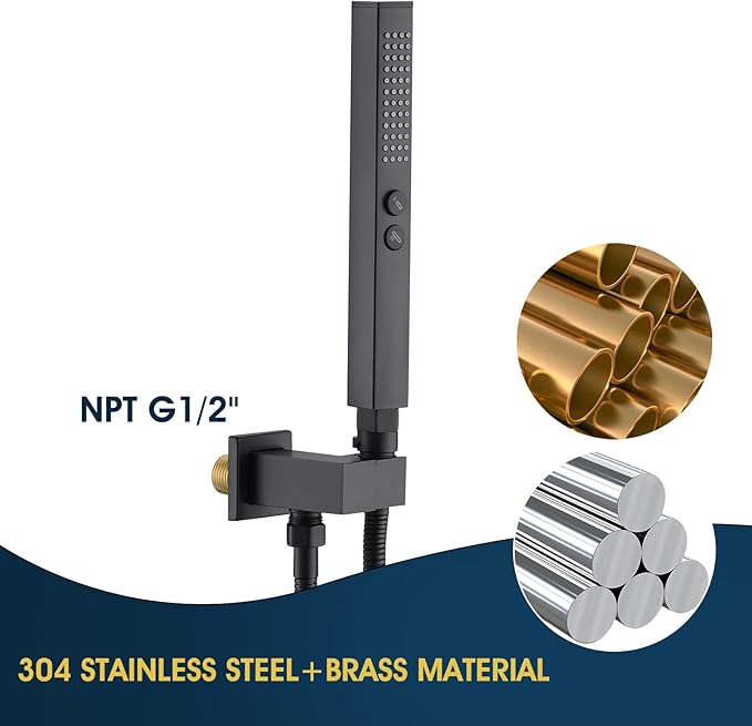 All-Metal High Pressure Square Handheld Shower Head with Jet Spray and Rainfall Modes, Volume Control Regulator, ON/OFF Switch, Hose and Wall Mounted Adjustable Bracket, Matt Black Color