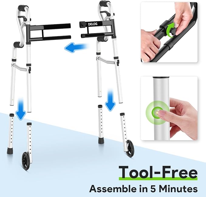 Delog Narrow Folding Walker for Seniors, 3 in 1 Folding Walker with 5” Front Wheels Width Adjustable Compact Standard Walker Support Up to 350lbs (Black)