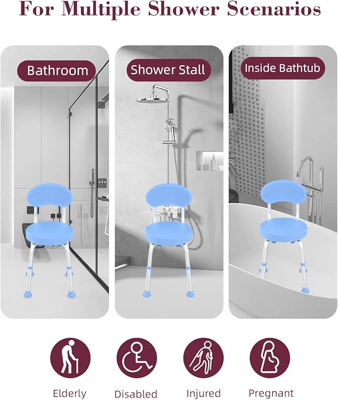 Swivel Shower Chair, 360° Non-Slip Shower Seat with Backrest for Elderly and Disabled, Height Adjustable Rotating Tub Bench for Seniors Bathroom Inside Shower with Compact Frame (Blue)
