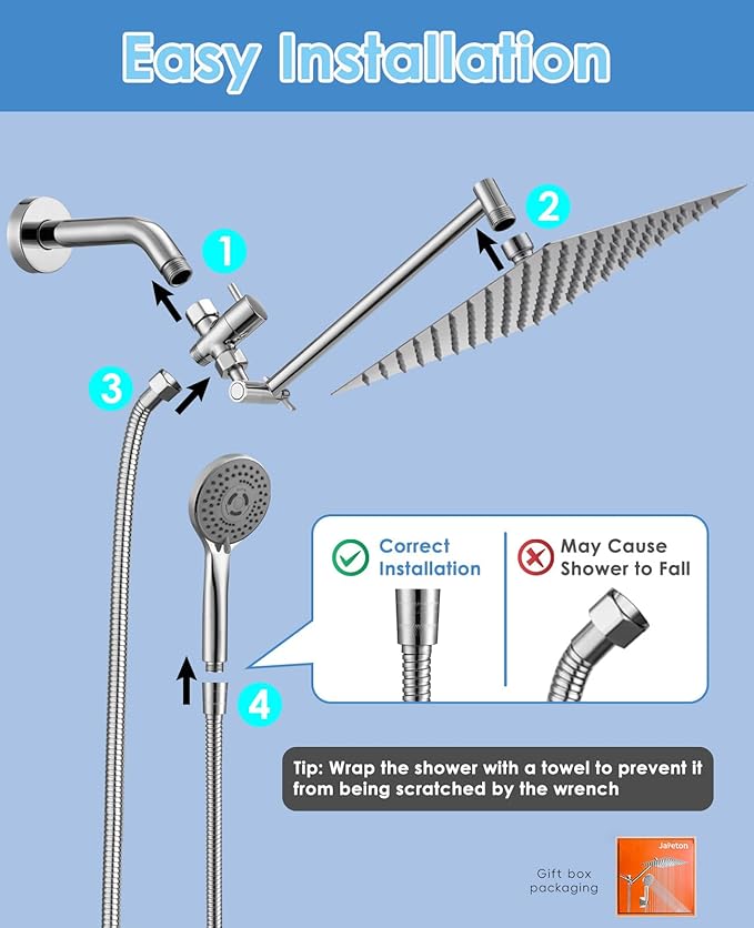 Jafeton High Pressure Rainfall Shower Head with Handheld Spray Combo – 5 Spray Modes, 10" Rain Shower, Anti-Clog Nozzles, Rust-Resistant Chrome Plating & Brass, Flexible Extension Arm