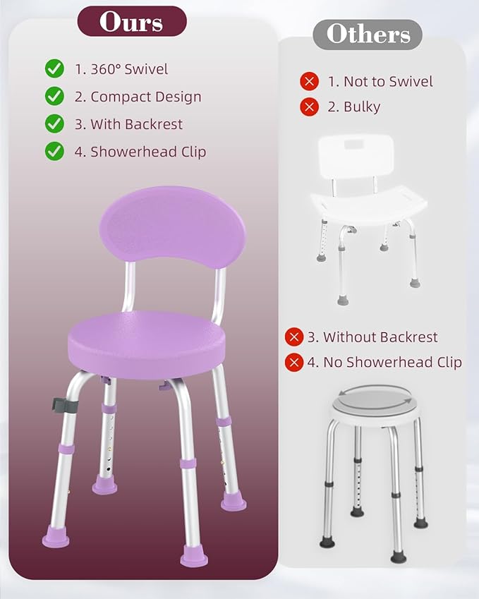 Swivel Shower Chair, 360° Non-Slip Shower Seat with Backrest for Elderly and Disabled, Height Adjustable Rotating Tub Bench for Seniors Bathroom Inside Shower with Compact Frame (Purple)