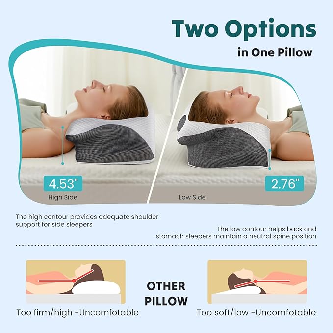 DUMOS Cervical Neck Pillow for Sleeping, Cooling Ergonomic Memory Foam Pillow with Arm Rest Slot and Ice Silk Pillowcase, Dual Height Orthopedic Support Contour for Side, Back, Stomach Sleepers