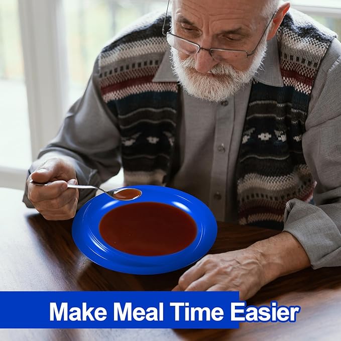 Hushee 2 Sets Adaptive Spill Proof Scoop Bowl and Plate Set with Suction Base Non Skid Self Feed Suction Dinnerware for Elderly Disabled Handicapped from Parkinsons Tremor (Blue)