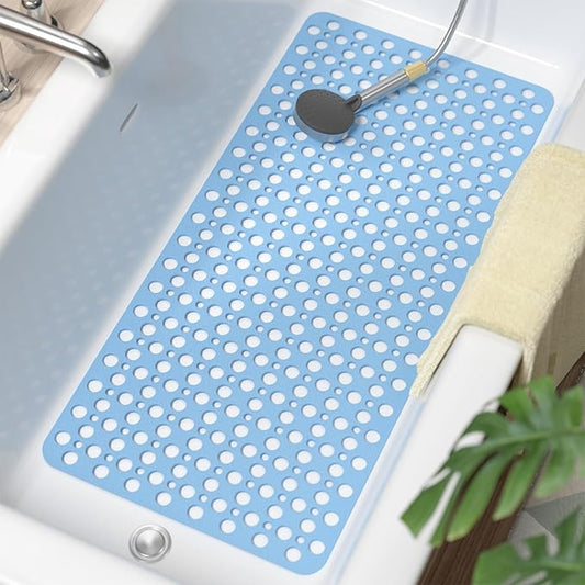 HITSLAM Bathtub Mat Non Slip, 35 x 16 Inch Long TPE Bath Mat for Tub, Efficient Drainage Bathroom Shower Mat with Suction Cups, Bath Tub Mat, Soft on Feet and Easy to Clean, Blue
