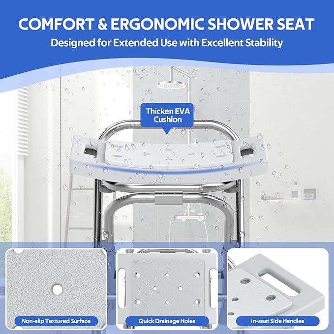 Folding Shower Seat - Stainless Steel Shower Chair for Inside Shower - 420lbs Height Adjustable Foldable Shower Stool - Portable Travel Collapsible Bath Bench for Elderly, Handicap & Disabled