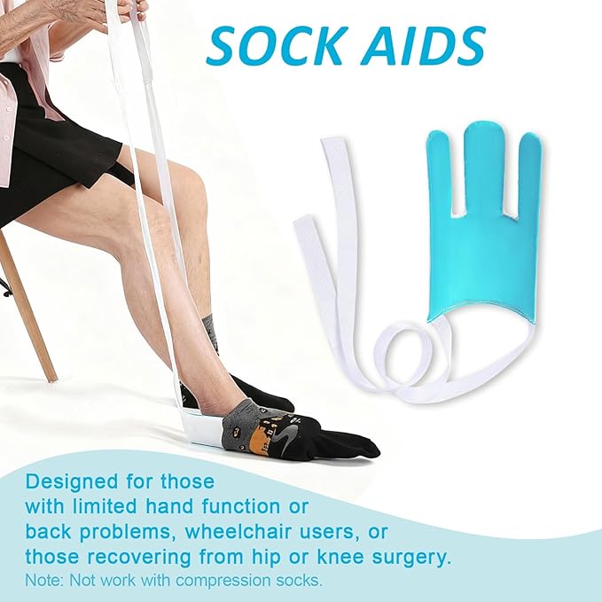 MXCOIRTP Assistive Device No Bending Kit for Elderly -Sock Aids, Foldable Reacher Grabber with 360° Rotating Jaw & Magnet, Long Shoe Horn Handle & Dressing Stick & Back Scratcher for Seniors, Disabled