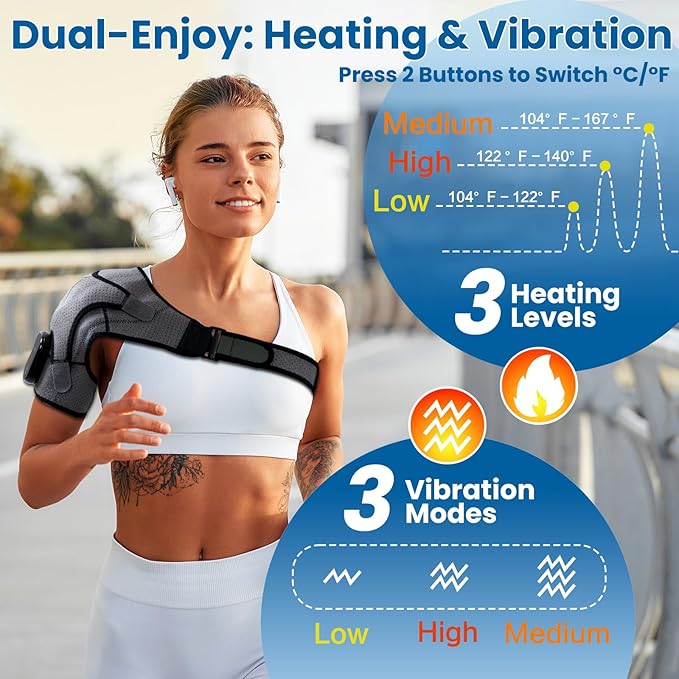 Cordless Shoulder Heating Pad with Massage, Electric Heated Shoulder Wrap with 3 Vibration & 3 Heat, Heating Pads for Rotator Cuff and Frozen Pain Relief,5000mAh Chargeable Powered,Men&Women