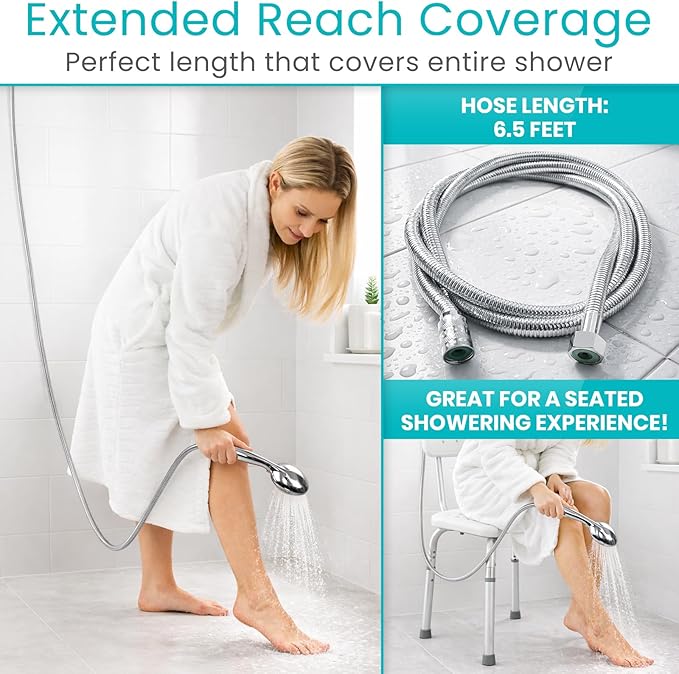 Vive High Pressure Handheld Shower Head - Hand Held Showerhead with 6.5 ft Extra Long Hose, Detachable Showerhead, Multi-Setting Spray Combo for Bathroom, Pet Bathing, Stainless Steel Hose, Chrome